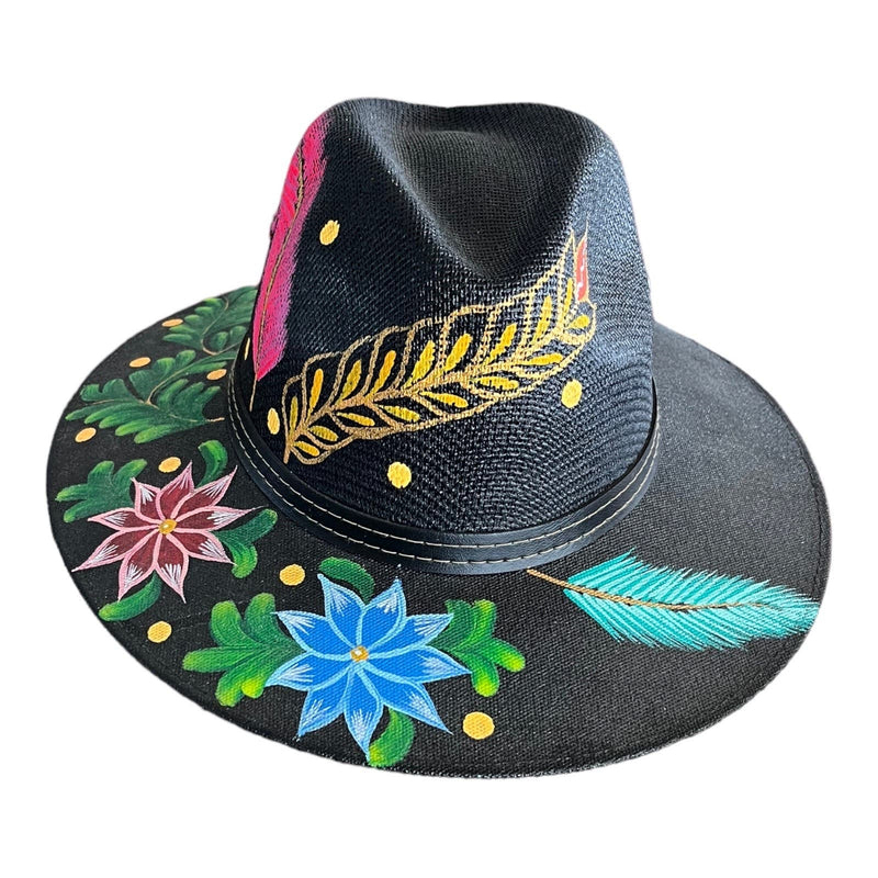 HAT MEXICAN Artisanal Hand Painted Fedora Floral Sombrero Panama Bohemian Black