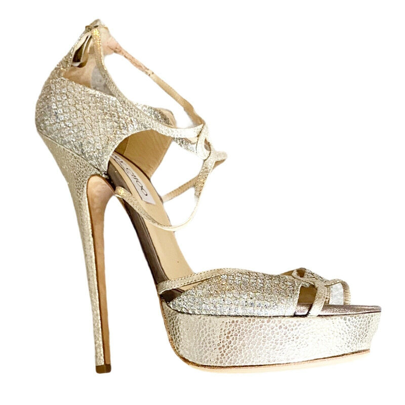 JIMMY CHOO Glitter Sandals Metallic Sierra Coated Snakeprint Leather Heels 40 IT