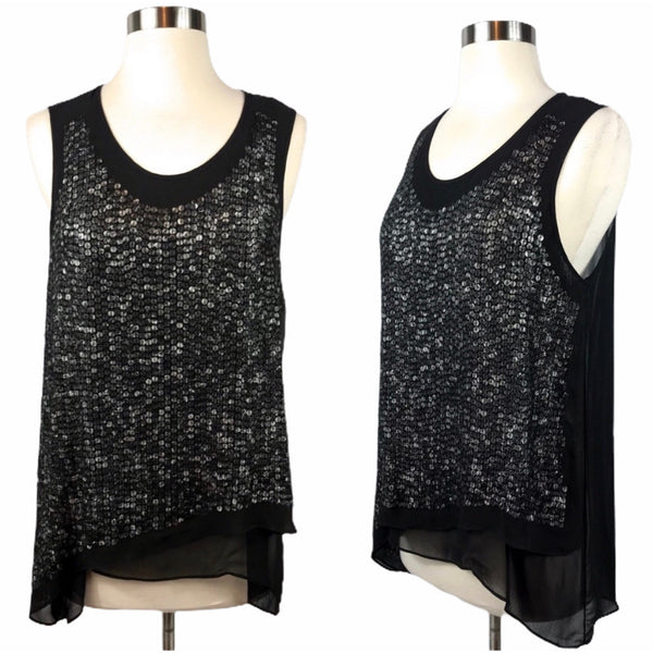 LOLA & SOPHIE Black Sequins Blouse Chiffon Layers Sheer Embellished Top Small EC