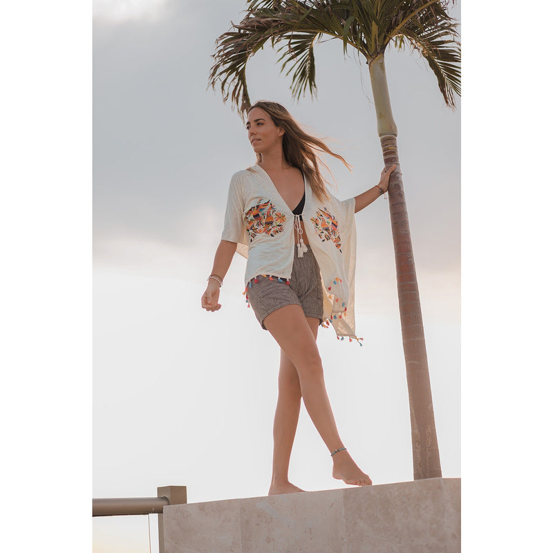 BEACH COVER UP KIMONO T. ZOVICH Otomi Graphic Shawl Natural Print Ruana Bohemian