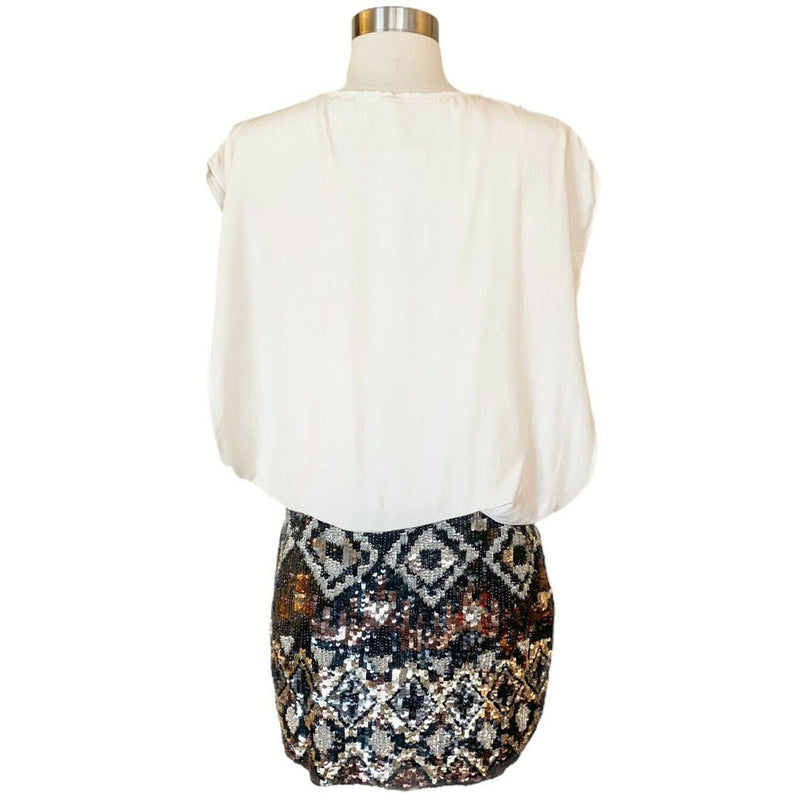 Cocktail Silk Dress Ivory Blouson Embellished Sequins Skirt Multimedia Large NWT