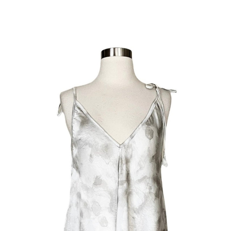 T. ZOVICH Maxi Dress Gray Tie Dye Silver Sleeveless Swing V-Neck Shoulder Ties