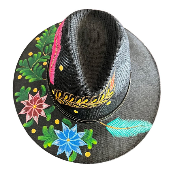 HAT MEXICAN Artisanal Hand Painted Fedora Floral Sombrero Panama Bohemian Black