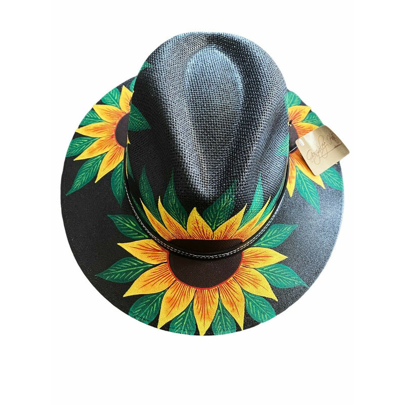 MEXICAN Artisanal Hat Hand Painted Fedora Sunflower Sombrero Panama Medium Black