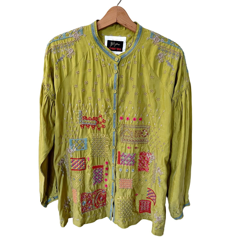 JOHNNY WAS Carpinteria Embroidered Blouse Button Up Balloon Sleeves XS Green