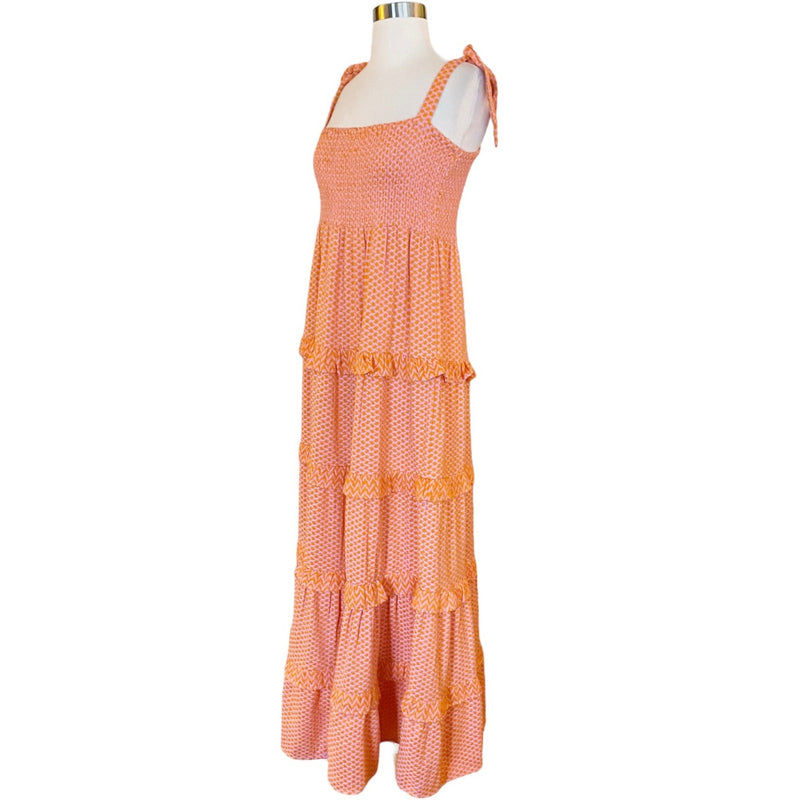 CECILIE COPENHAGEN Mina Dress Long Tiered Maxi Embroidered Tangerine Large NWT