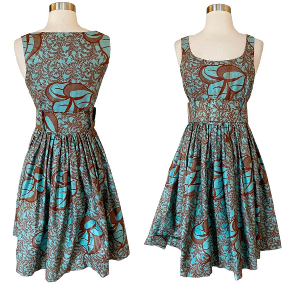 SIKA Floral Midi Dress Fit and Flare Belted Sleeveless Teal Brown Cotton Small