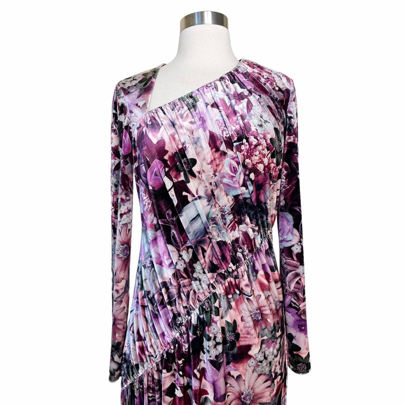 AIDAN MATTOX Velvet Dress Floral Maxi Stretch Multicolor Pink Long Sleeve 6 NWT