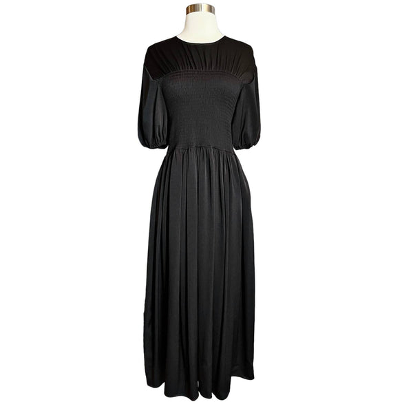 LA LIGNE Blanca Black Dress Maxi Short Puff Sleeves Smocked Waist Stretch XS EUC