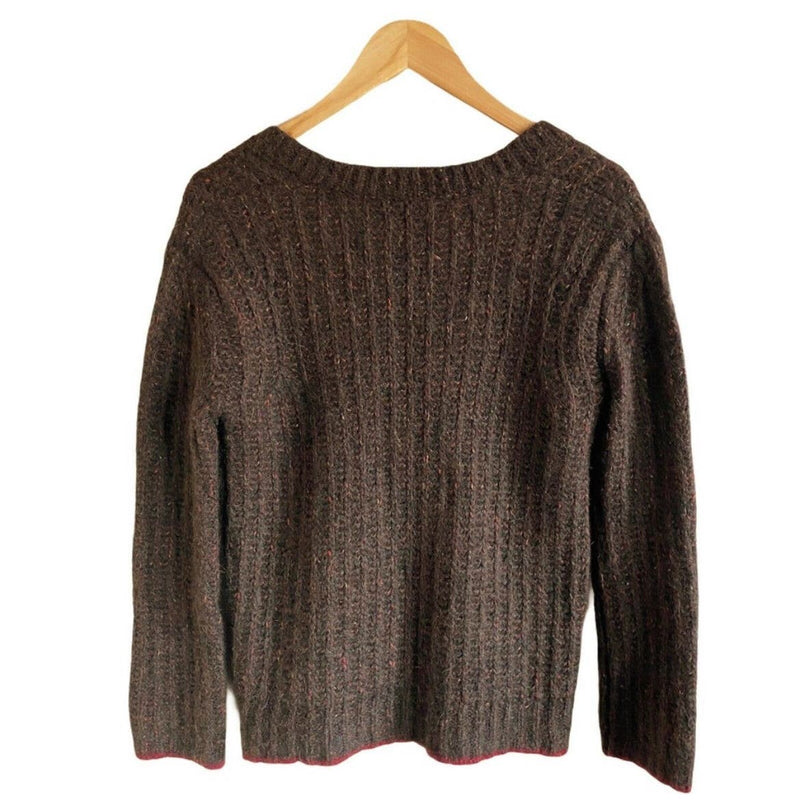 LA LIGNE Brown Sweater Fuzzy Wuzzy Pullover V-Neck Alpaca Cotton Wool Red Trim S