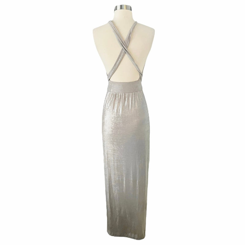 T. ZOVICH Maxi Dress Slinky Metallic Silver Multiway Halter Open Back Slits S/M