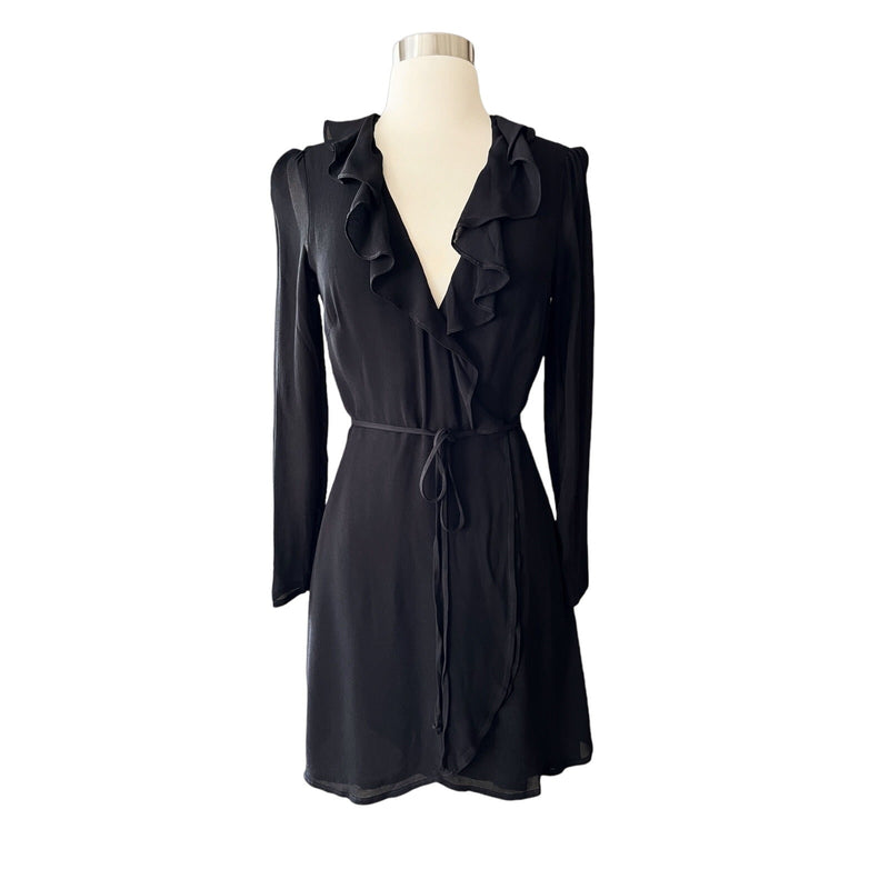 REFORMATION Mini Dress Dickinson Wrap Black Ruffle Neck Sheer Long Sleeves XS