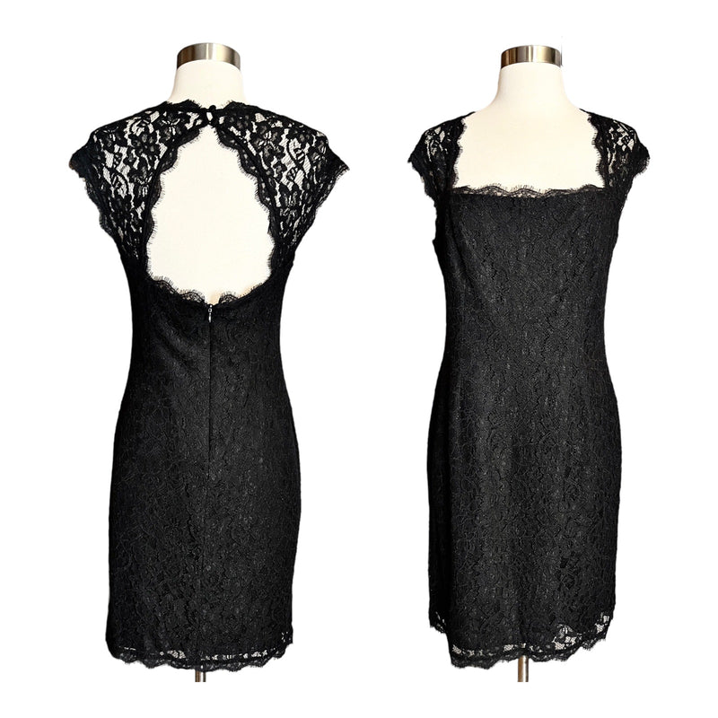 ADRIANNA PAPELL Black Sheath Lace Dress Scalloped Neck Zipper Sleeveless 10 EUC