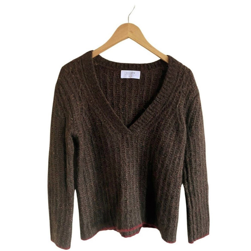 LA LIGNE Brown Sweater Fuzzy Wuzzy Pullover V-Neck Alpaca Cotton Wool Red Trim S