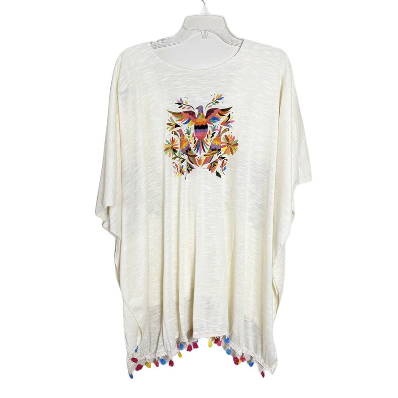 BEACH COVER UP KIMONO T. ZOVICH Otomi Graphic Shawl Natural Print Ruana Bohemian