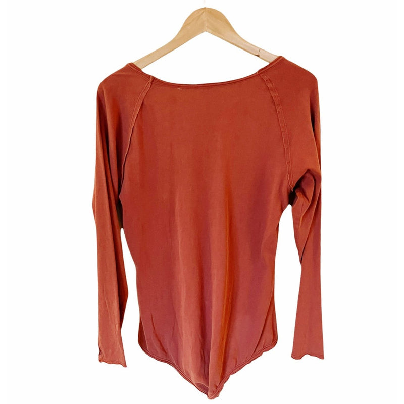 FREE PEOPLE Bodysuit Long Sleeves Burnt Orange Scoop Neck Cotton Raw Hem NWOT