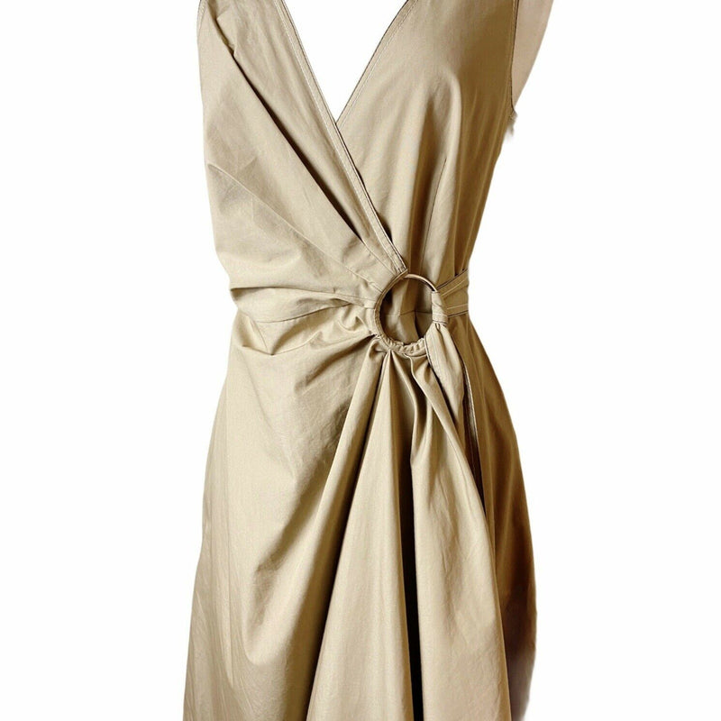 DEREK LAM 10 CROSBY Cotton Poplin Gathered Wrap Dress Sleeveless Camel Tan 4 EUC