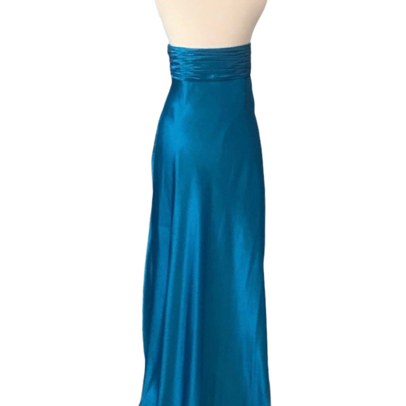 RUTH TARVYDAS Blue Satin Evening Dress Gown Bridgerton Style Ruched Bodice 10