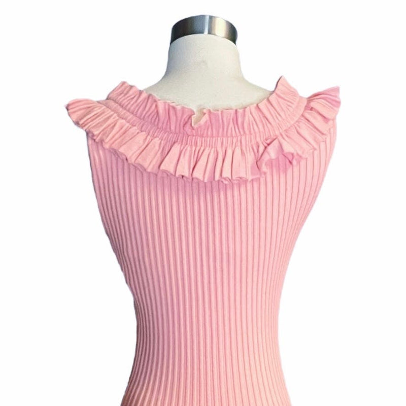 MILLY Sweater Dress Ribbed Knit Sheath Midi Cap Sleeve Off Shoulder Ruffle Pink