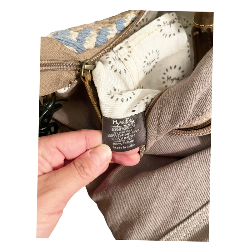 MYRA Blue Chip Shoulder Bag Cotton Fabric Leather Adjustable Strap India NWT