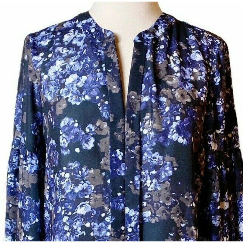 PARKER Floral Blouse V-Neck Long Sleeve Button Down Purple Blue Medium Top EUC
