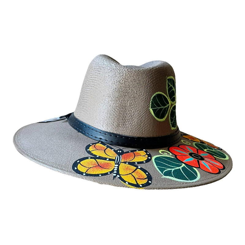 HAT MEXICAN Artisanal Hand Painted Fedora Floral Sombrero Panama Bohemian Brown
