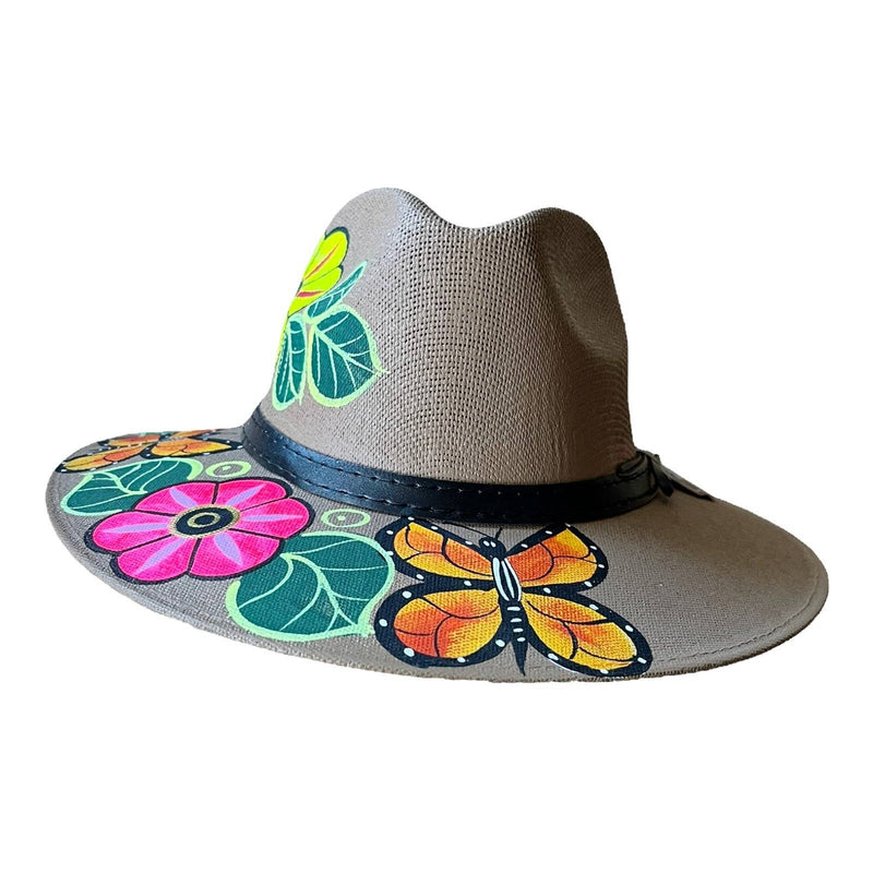 HAT MEXICAN Artisanal Hand Painted Fedora Floral Sombrero Panama Bohemian Brown
