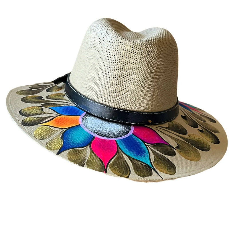 HAT MEXICAN Artisanal Hand Painted Fedora Floral Sombrero Panama Bohemian Tan