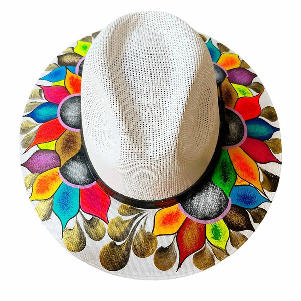 HAT MEXICAN Artisanal Hand Painted Fedora Floral Sombrero Panama Bohemian White