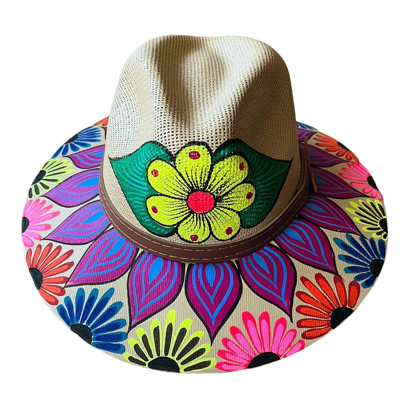 HAT MEXICAN Artisanal Hand Painted Fedora Floral Sombrero Panama Bohemian Tan